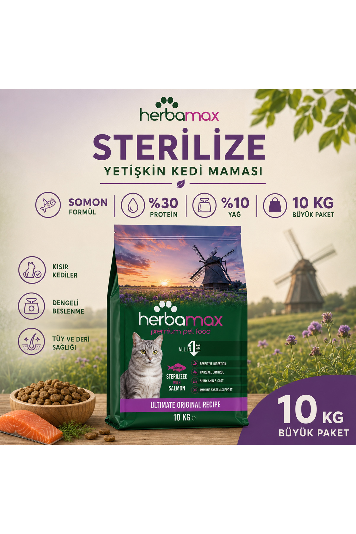 HerbaMax Kilo Dengeleyici Özellikte- Kısırlaştırılmış Somonlu Kedi Maması 10kg