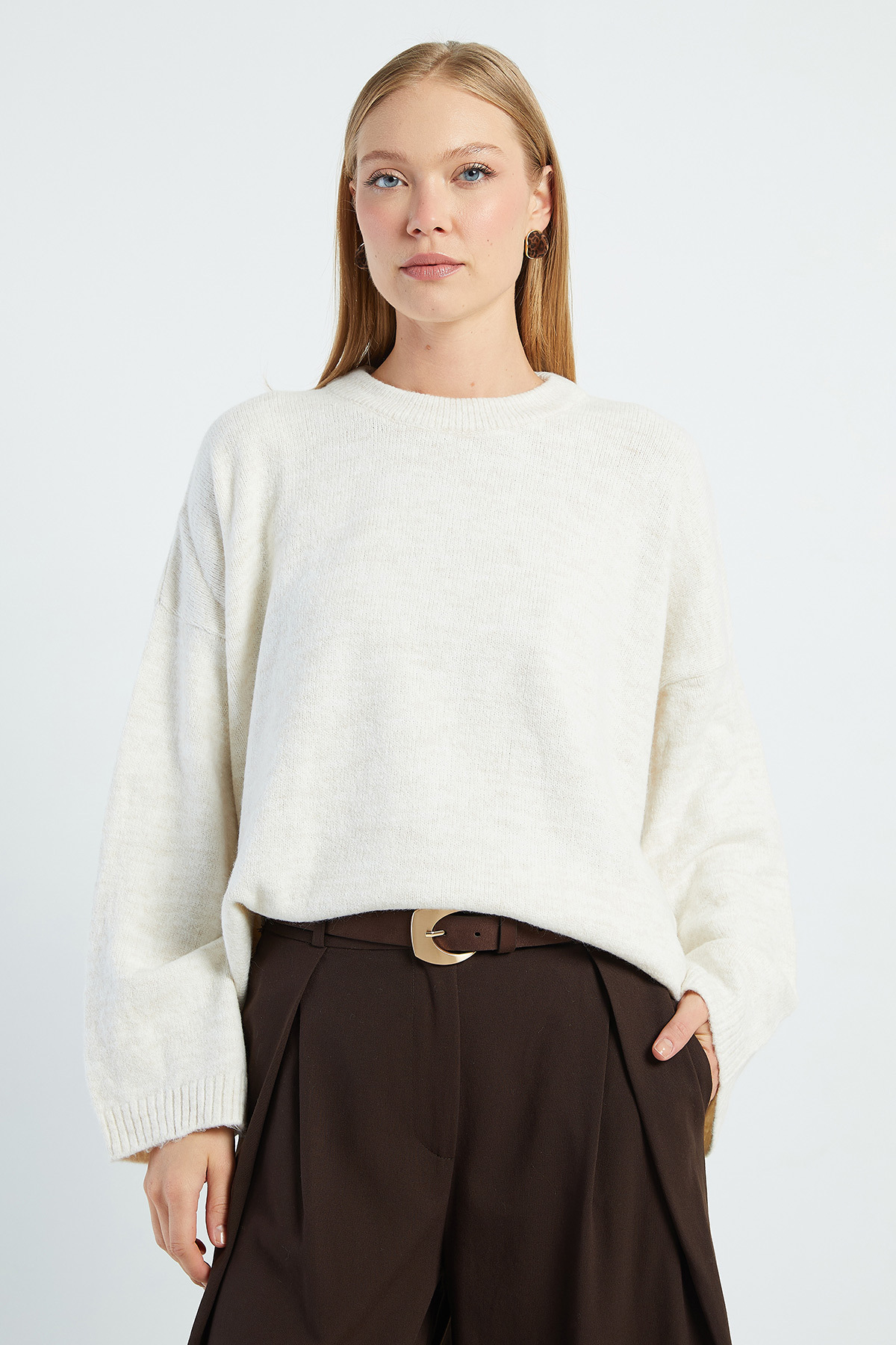 Fulla Moda Basic Bisiklet Yaka Salaş Triko Kazak görsel 5