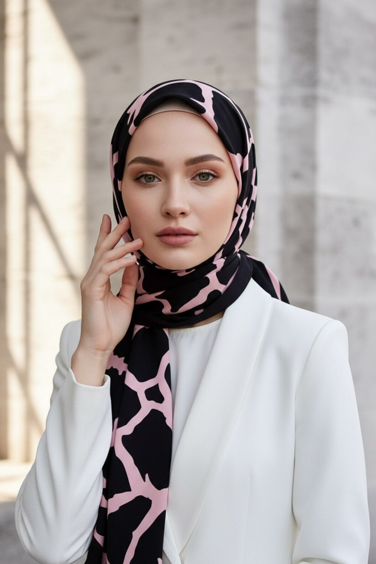 Vissona KREP TAŞ DESENLİ SİYAH - PUDRA RENKLİ 75X195 KIRIŞMAZ ŞAL görsel 4