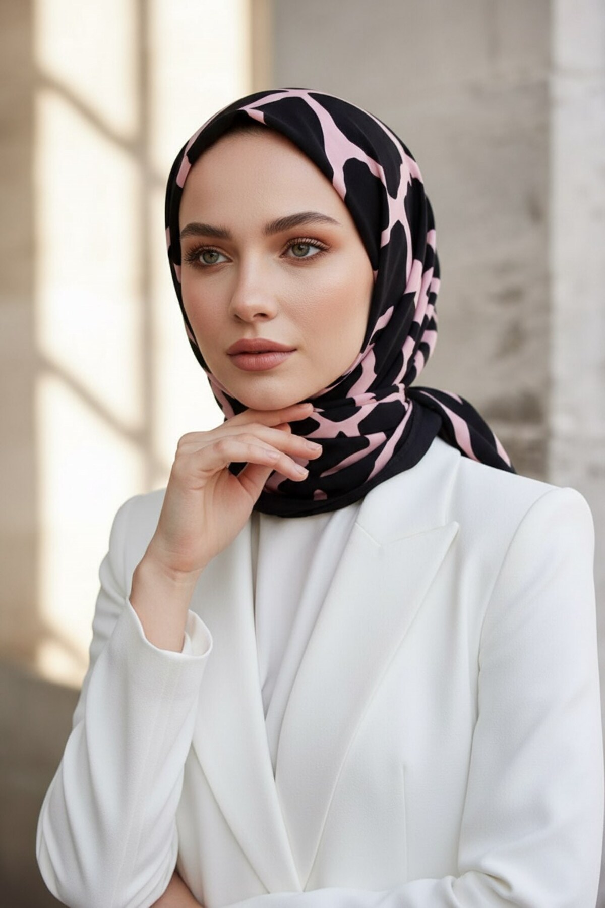 Vissona KREP TAŞ DESENLİ SİYAH - PUDRA RENKLİ 75X195 KIRIŞMAZ ŞAL görsel 3