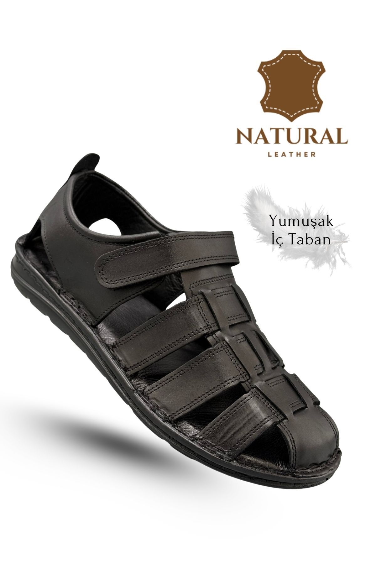 sermoda %100 Hakiki Deri Burnu Kapalı Erkek Sandalet Siyah görsel 4