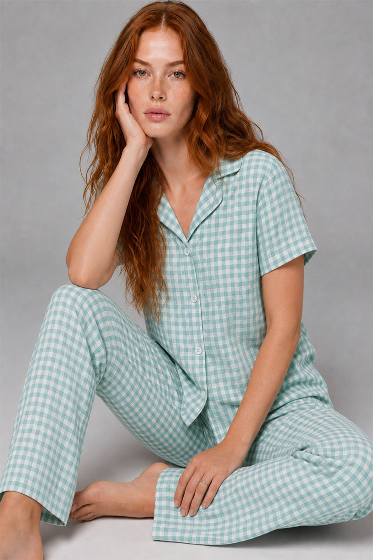 FİT WOMEN Kare Desenli Bürümçük kumaş Kısa Kollu Pijama Takımı 6065 görsel 2