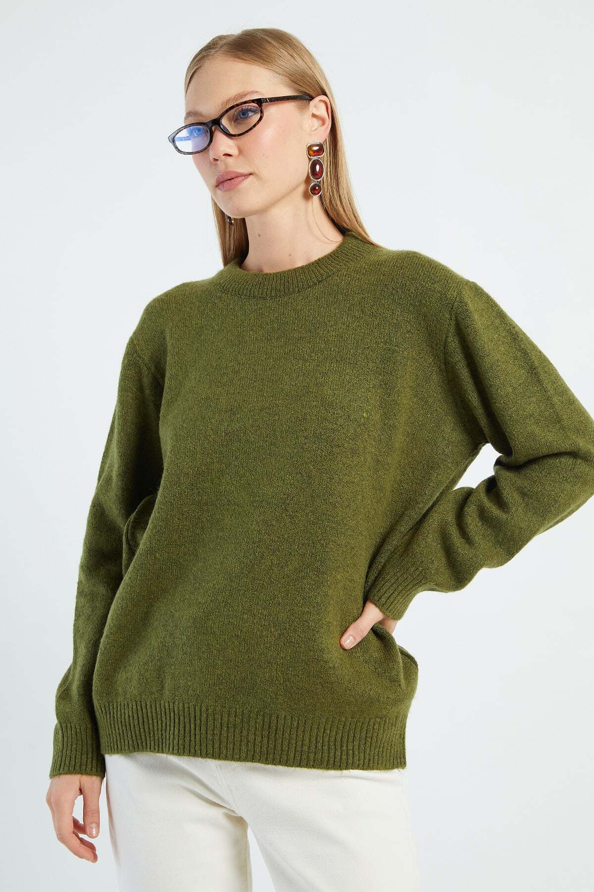 Fulla Moda Basic Bisiklet Yaka Salaş Triko Kazak görsel 6