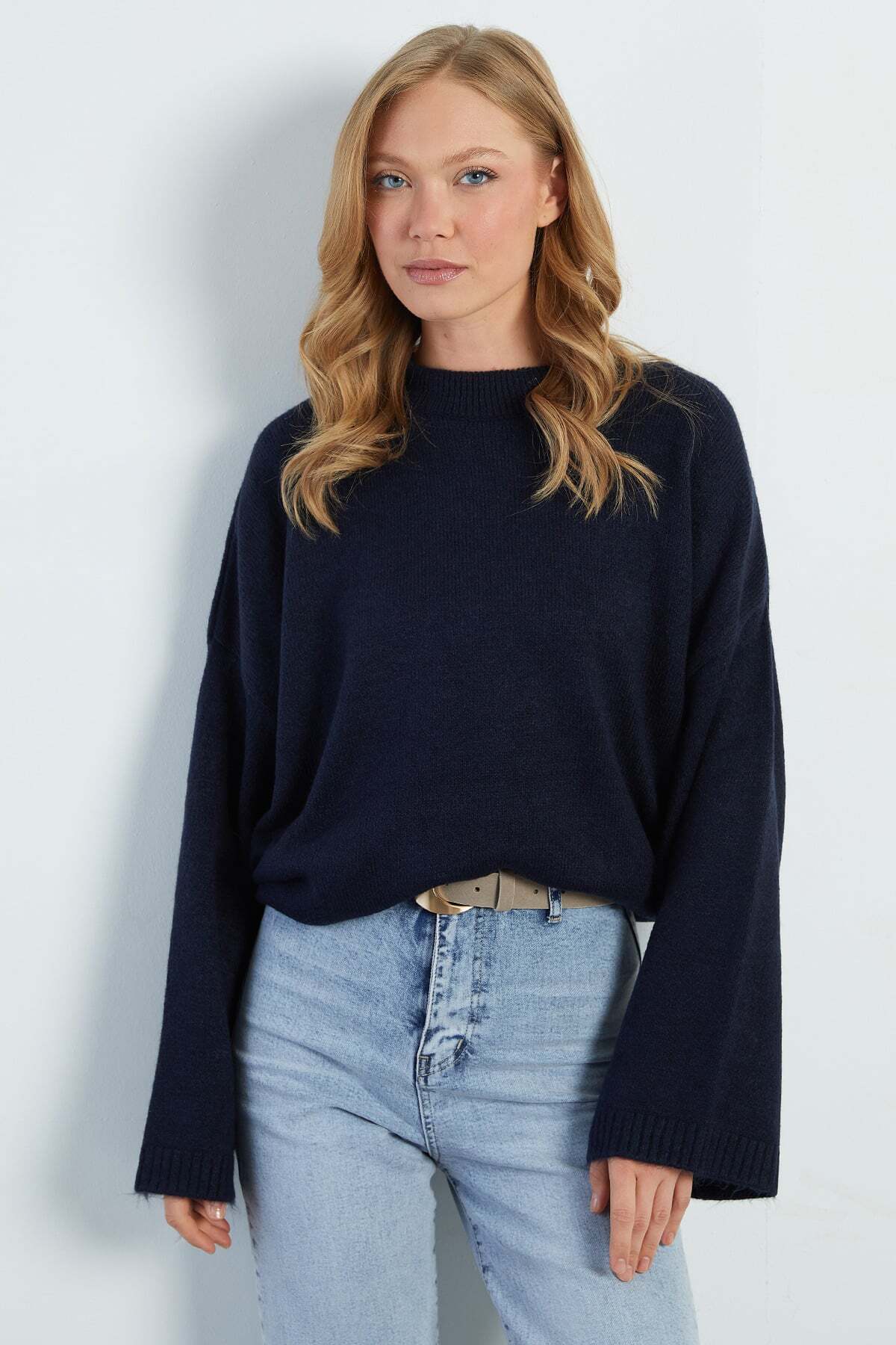 Fulla Moda Basic Bisiklet Yaka Salaş Triko Kazak görsel 3