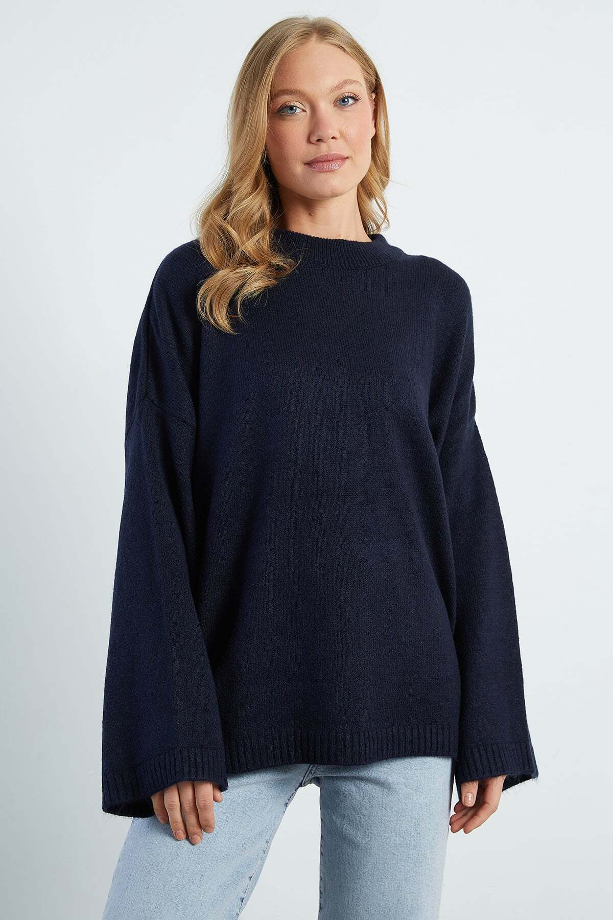 Fulla Moda Basic Bisiklet Yaka Salaş Triko Kazak görsel 2