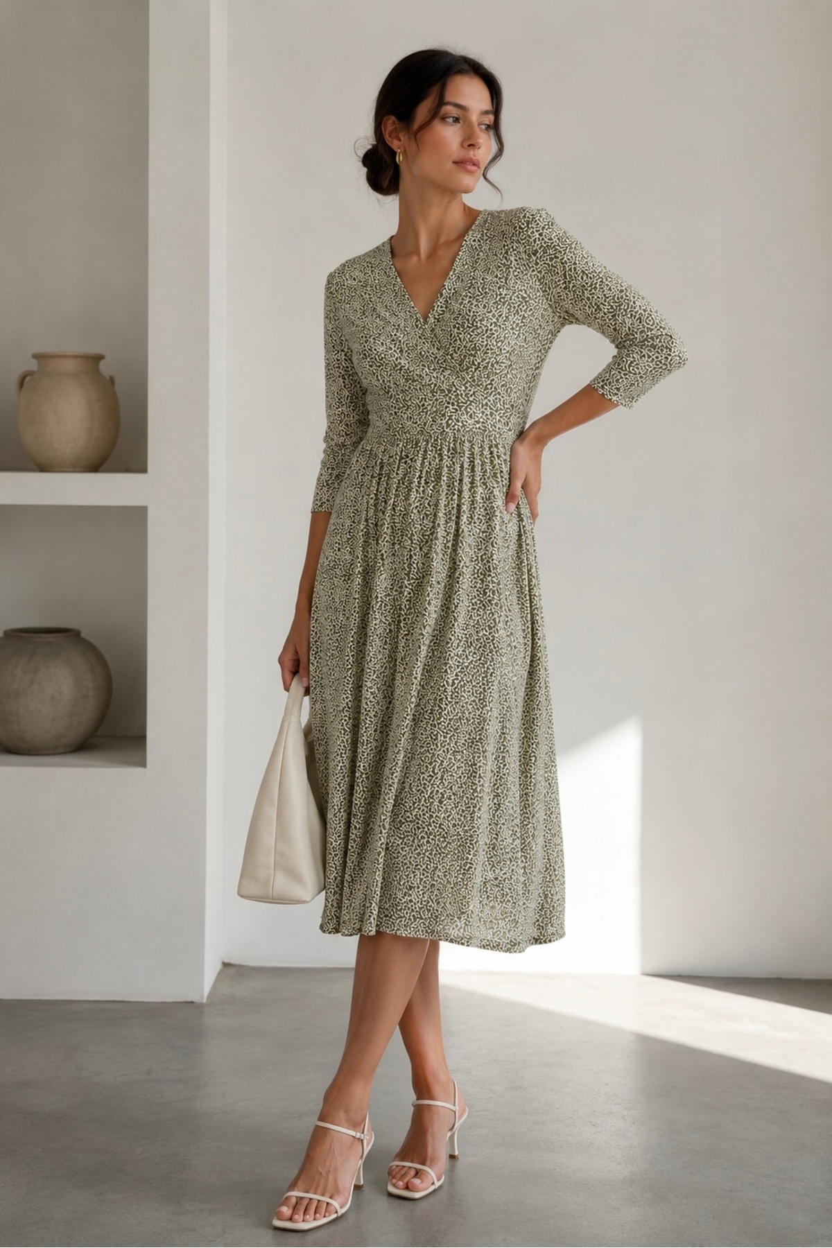 bb butik basic Desenli Kruvaze Yaka Midi Elbise PL3547 görsel 5