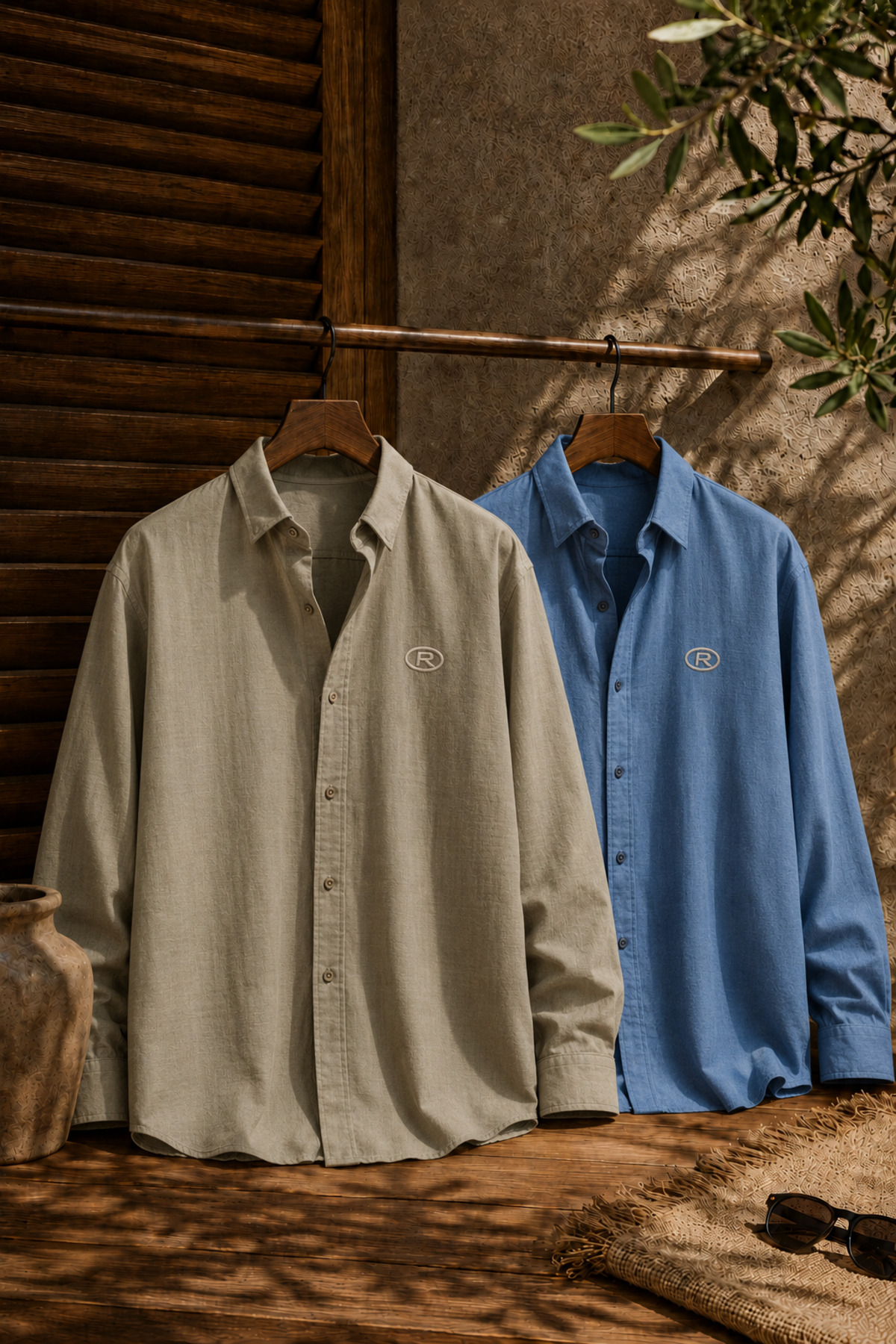 Erkek Müslin Oversize Gömlek 2'li Set Haki-Prada — رنگارنگ S-1000