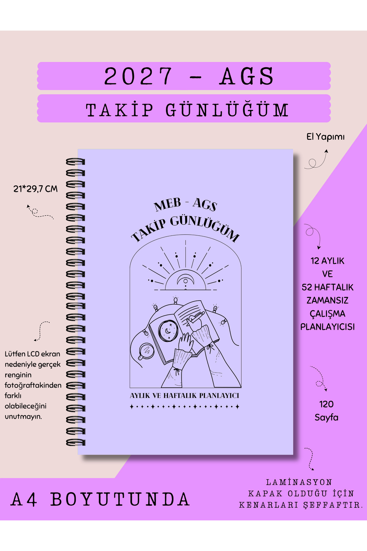 Else Craft 2027 MEB AGS Sınav Takip Günlüğüm - A4 BOYUTUNDA - LİLA - Aylık - Haftalık Zamansız Ders Çalışma Planlayıcısı