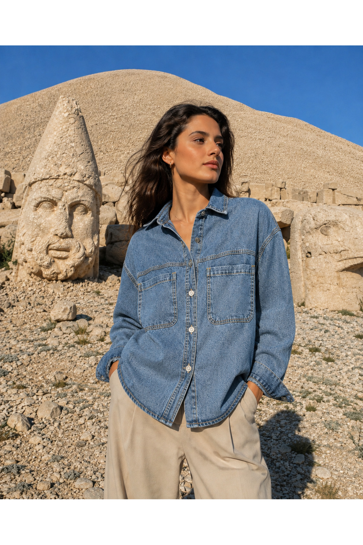 Safari Kadın Oversize Kot Gömlek Çift Cepli Bölmeli Denim Gömlek Uzun Kollu