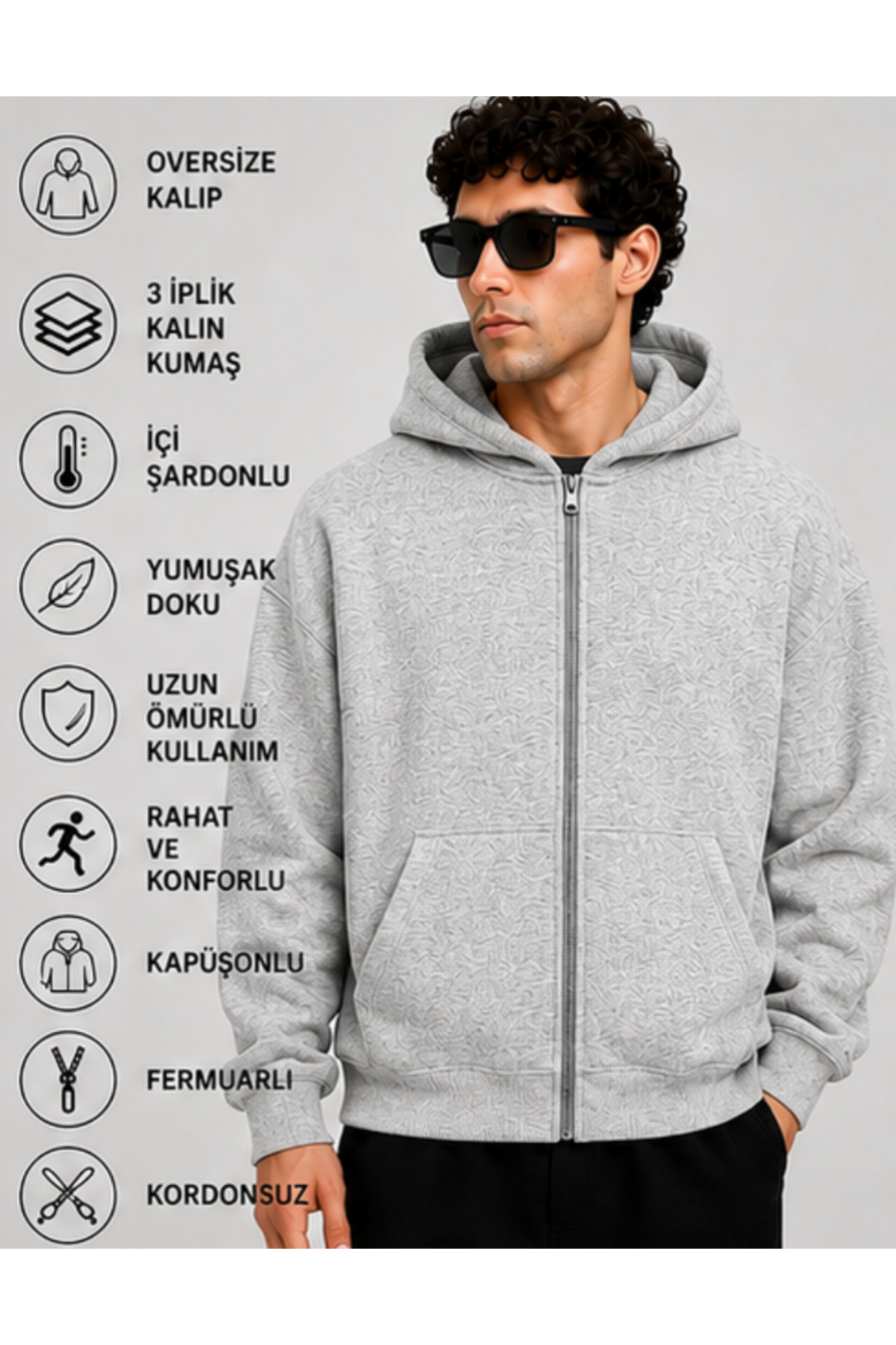 Deep sense Men's Gray Hooded Zippered Oversize Sweatshirt Winter School Cardigan Hooded Printed