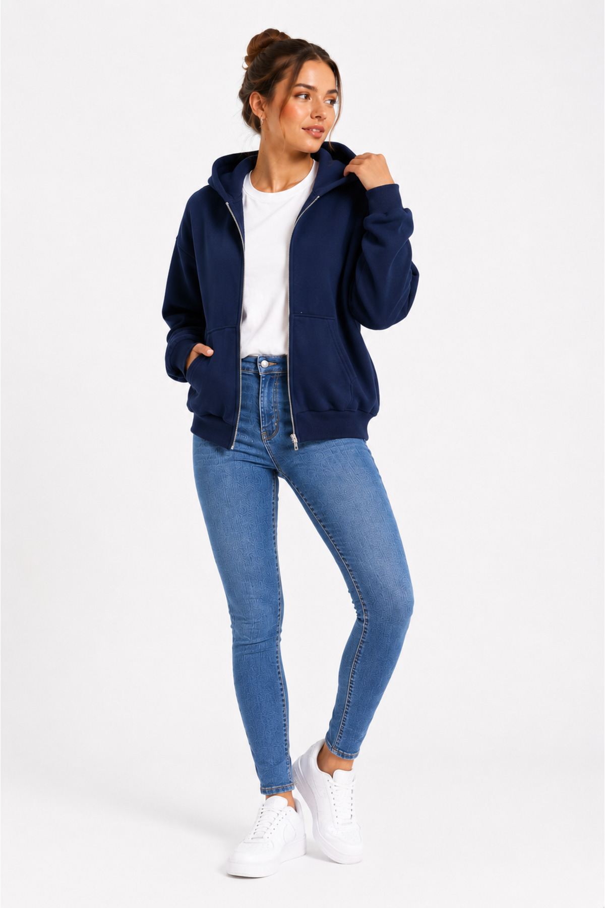 ESADE Kadın Lacivert Oversize Hoodie Cepli Fermuarlı Kapüşonlu Sweatshirt görsel 3
