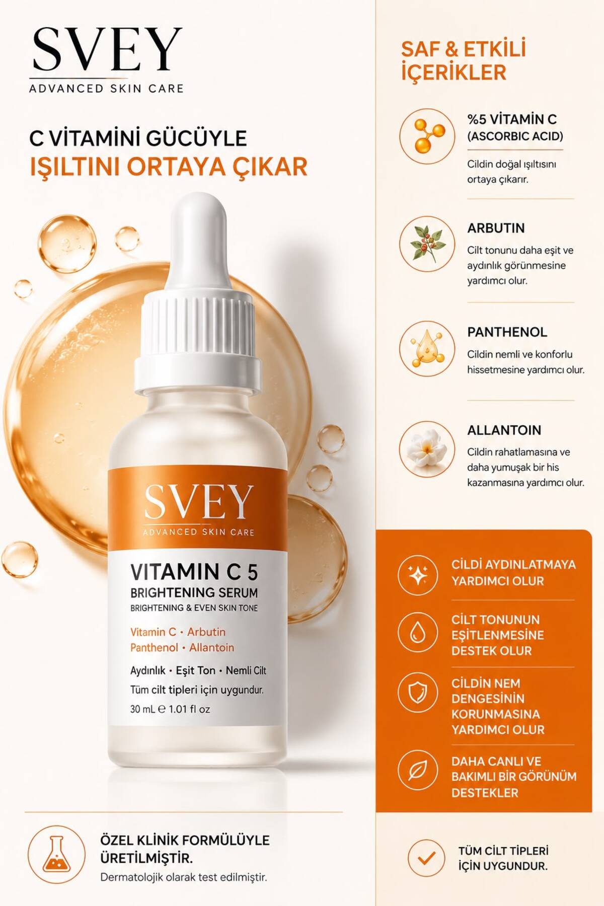 C Vitamini & Leke Giderici , Arbutin İçeren Aydınlatıcı Cilt Tonu Eşitleyici Serum 30 ml — 001907