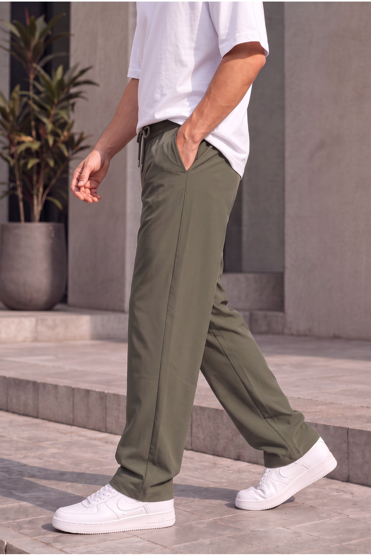 ASHEY Erkek Haki Paraşüt Baggy Pantolon Bol Kesim Bel Lastikli Nefes Alabilen Kumaş