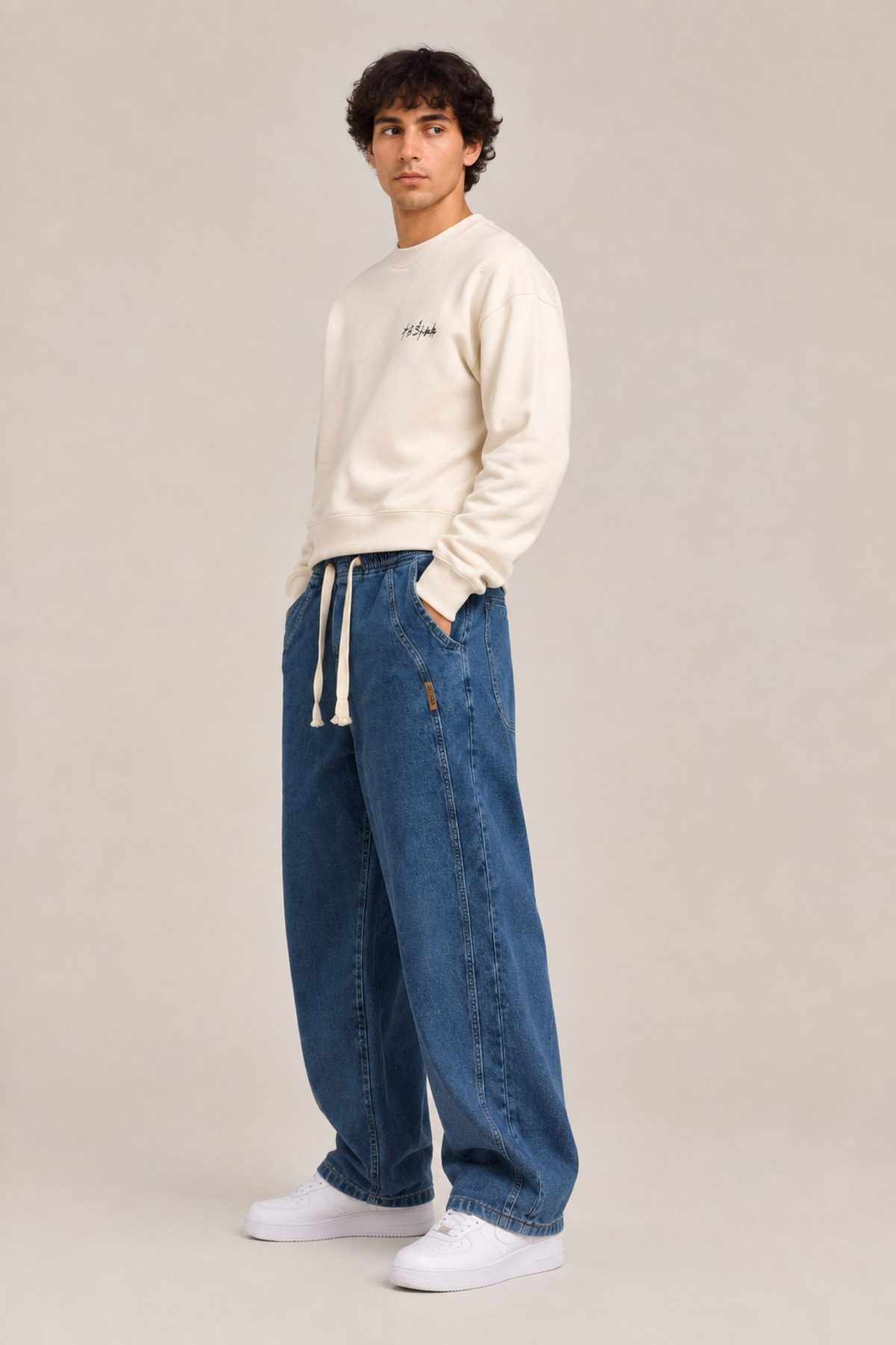 Erkek Mavi Beli Lastikli Bağcıklı Baggy Kot Pantolon – Esnek Jean Denim Rahat Kesim Düz Paça — آبی JEB09 — تصویر 3 از 6