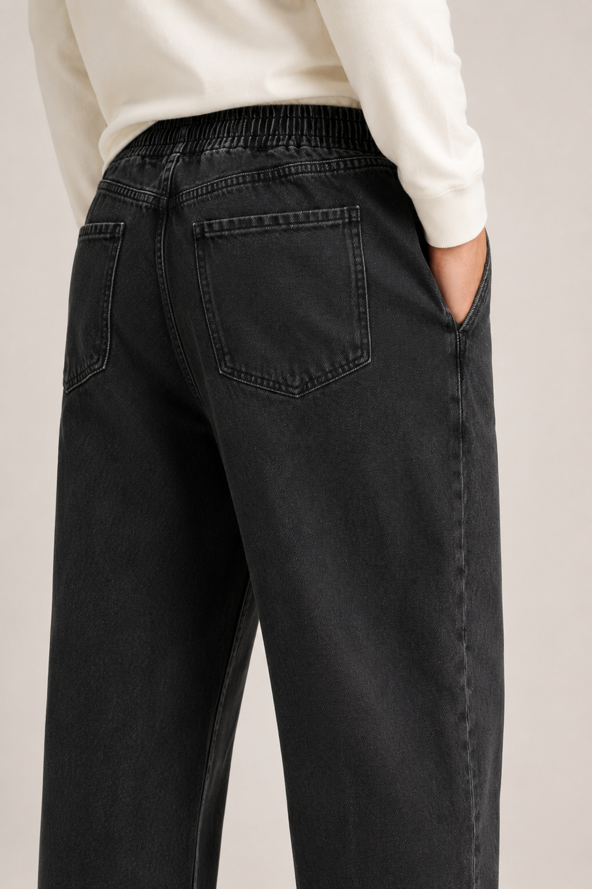 Erkek Antrasit Beli Lastikli Bağcıklı Baggy Kot Pantolon – Esnek Jean Denim Rahat Kesim Düz Paça — مشکی JEB09 — تصویر 3 از 6