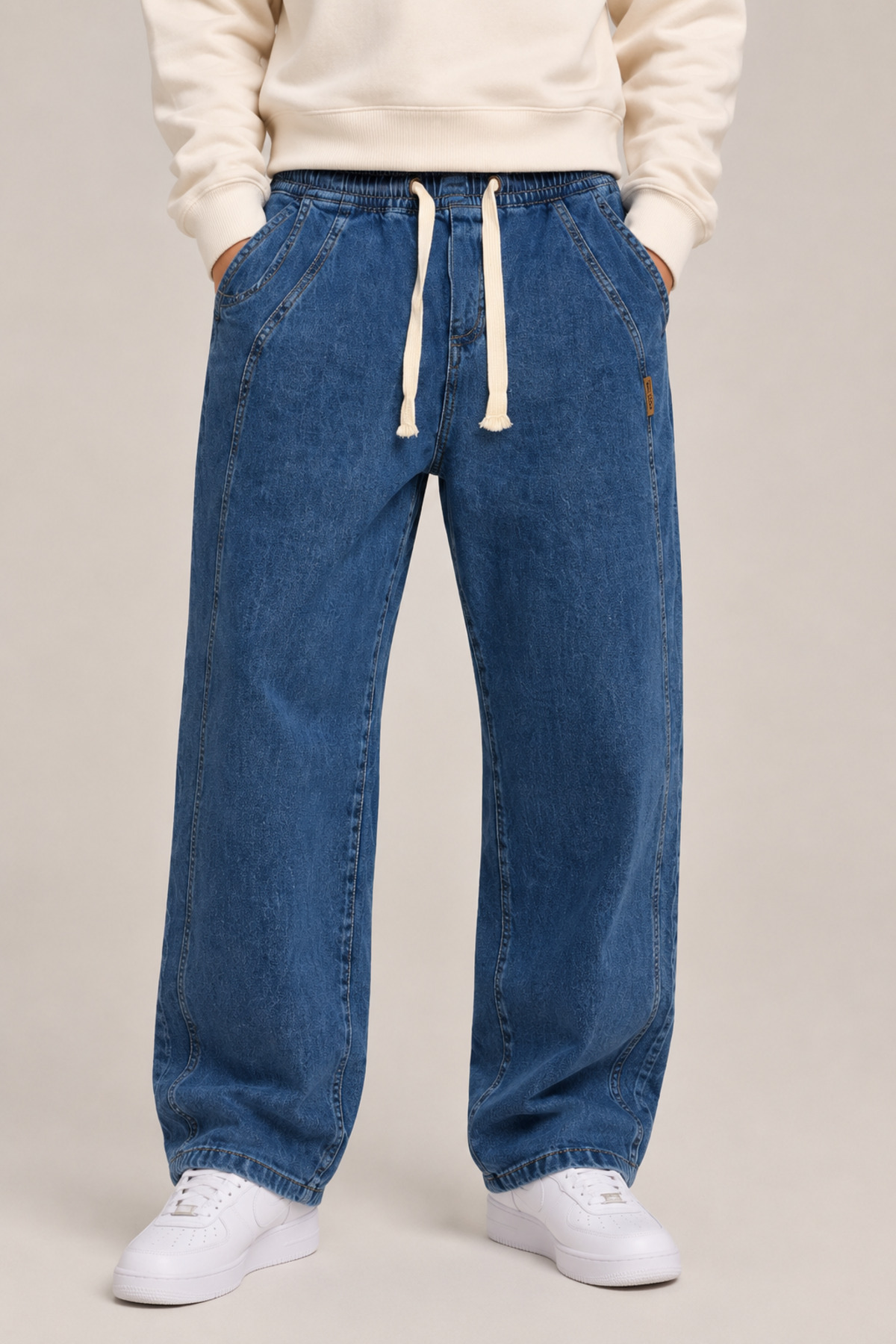 Erkek Mavi Beli Lastikli Bağcıklı Baggy Kot Pantolon – Esnek Jean Denim Rahat Kesim Düz Paça — آبی JEB09