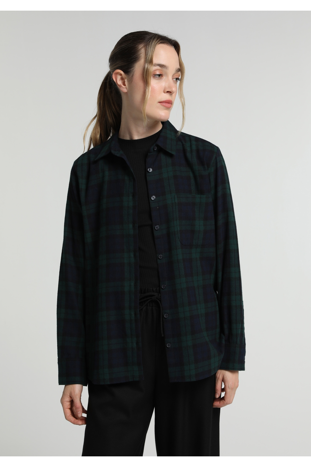 Regular Fit Shirt Neck Ekoseli Kadın Yeşil Uzun Kol Gömlek