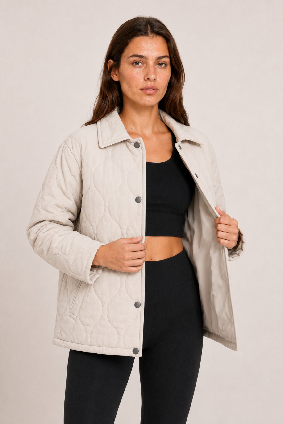 Maison Rae Kadın Bej Dalga Desenli Kapitone , Astarlı, Çıtçıtlı, Çift Cepli, Oversize, Mevsimlik Ceket