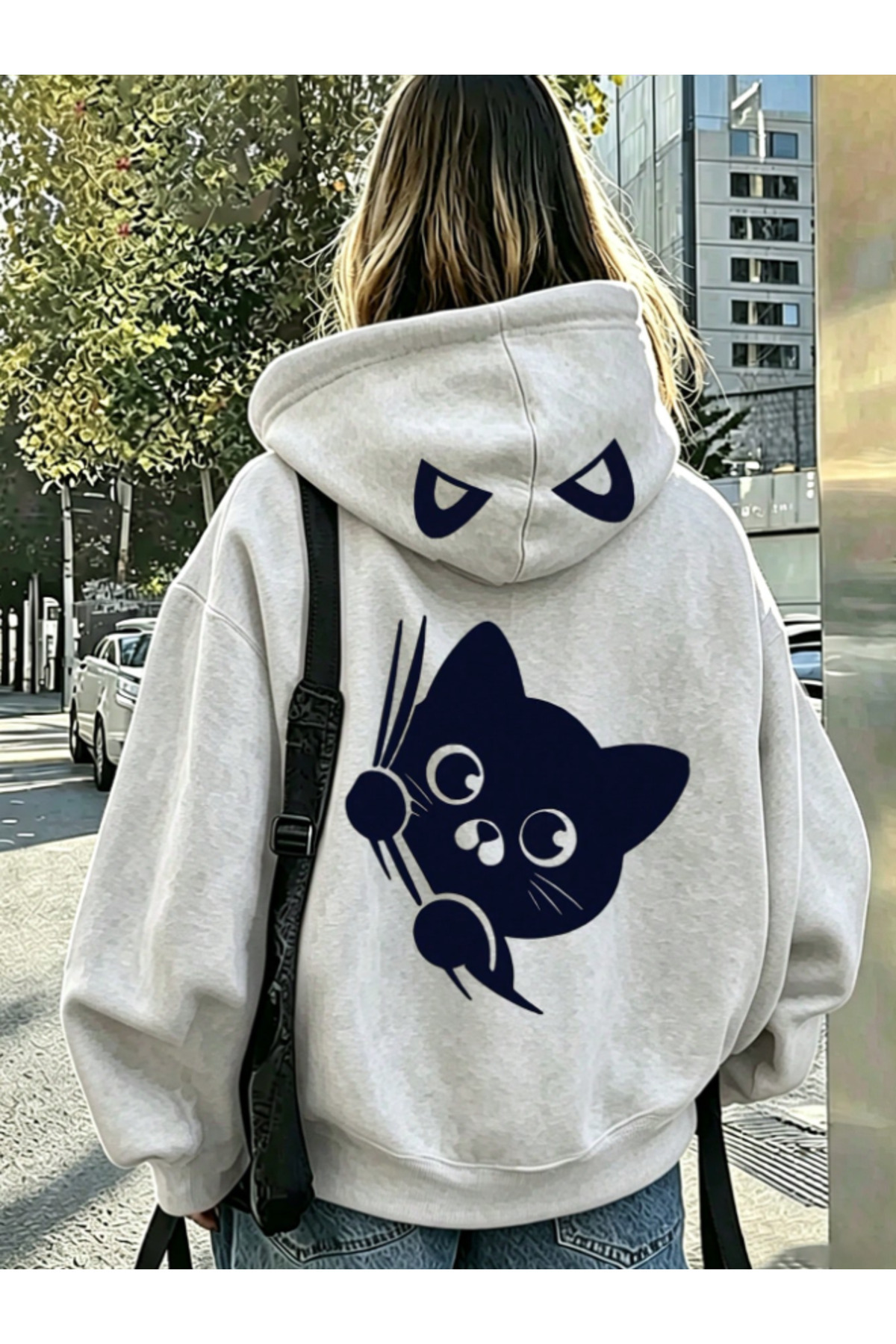 Revasser Unisex Kadın/Erkek Cee Kedi Baskılı Özel Tasarım Oversize Pamuklu Kapüşonlu Sweatshirt görsel 2