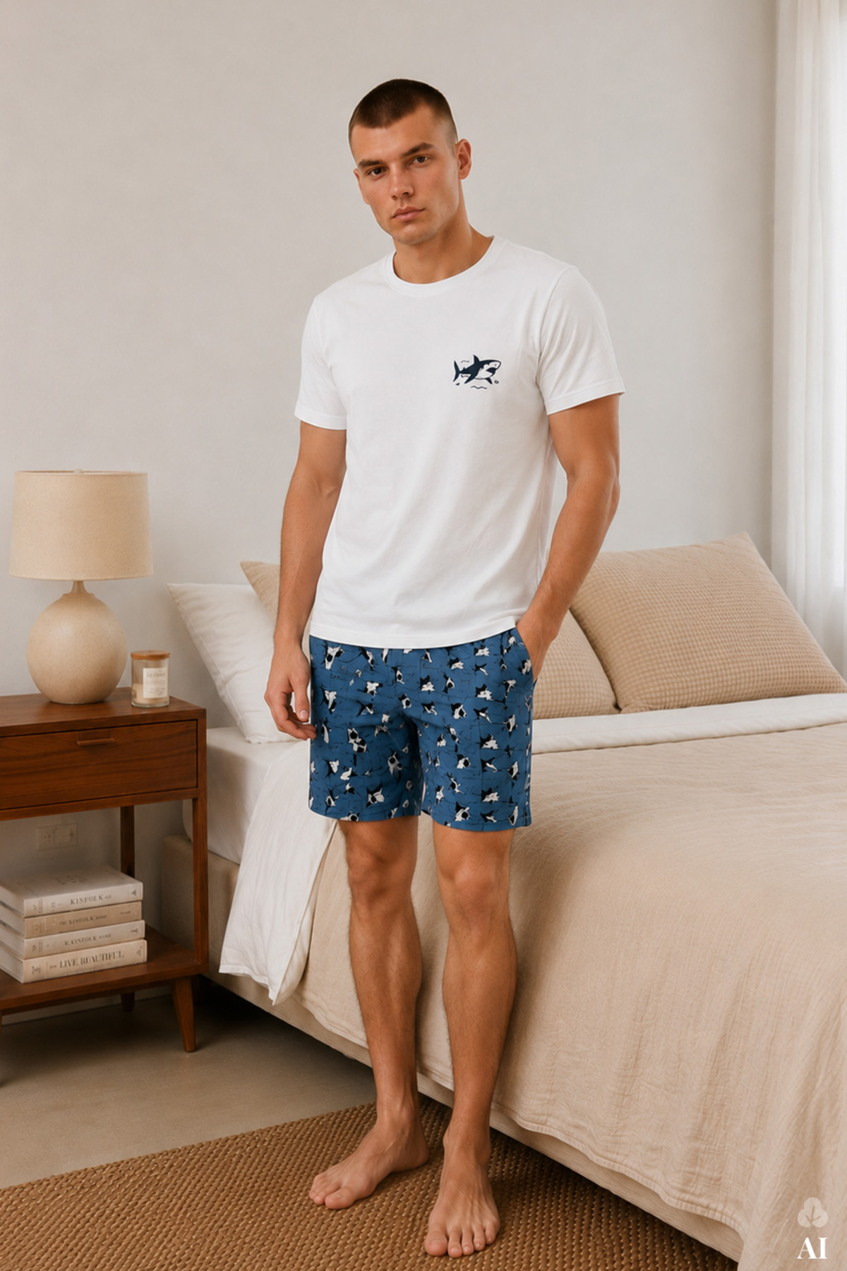 koza iç giyim Erkek Pamuklu Baskılı Cepli Şortlu Pijama Takımı