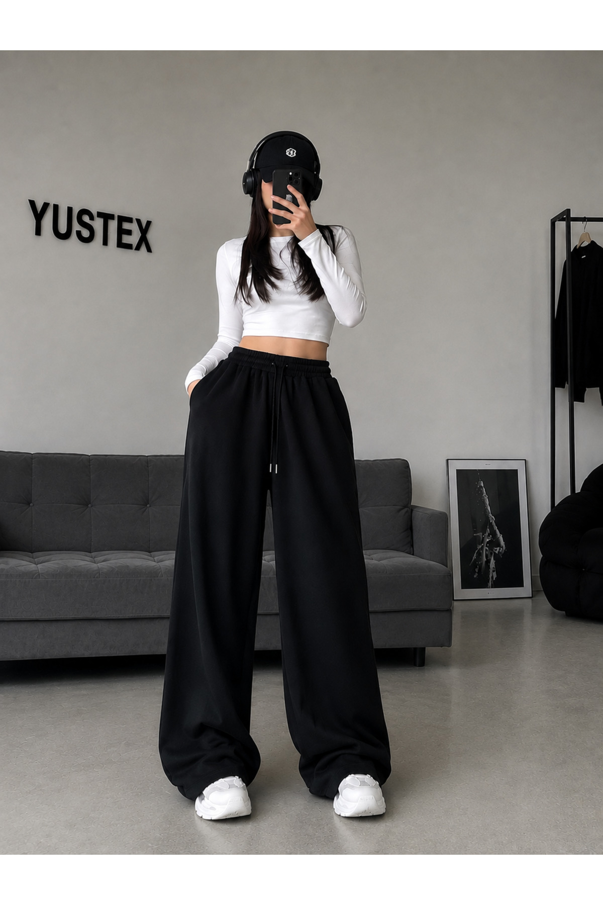 yx yustex sport 2'li Kadın Bol Paça Eşofman Altı Seti (Siyah ve Gri) Oversize Bol Paça görsel 4