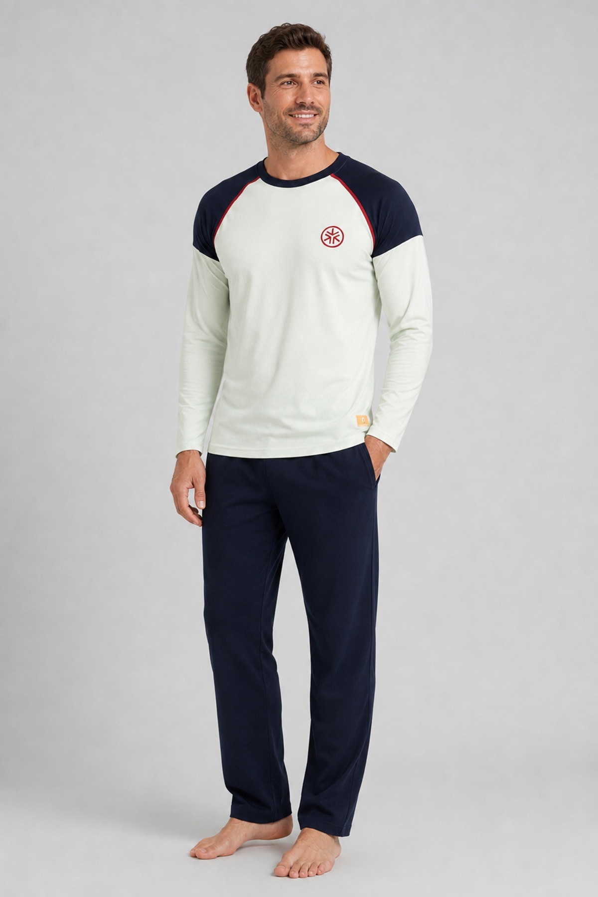 CottonVia Uzun Kollu, Erkek Pijama Takımı, %100 Pamuklu, 30/1 Mevsimlik Penye Kumaş, Cepli, Mint