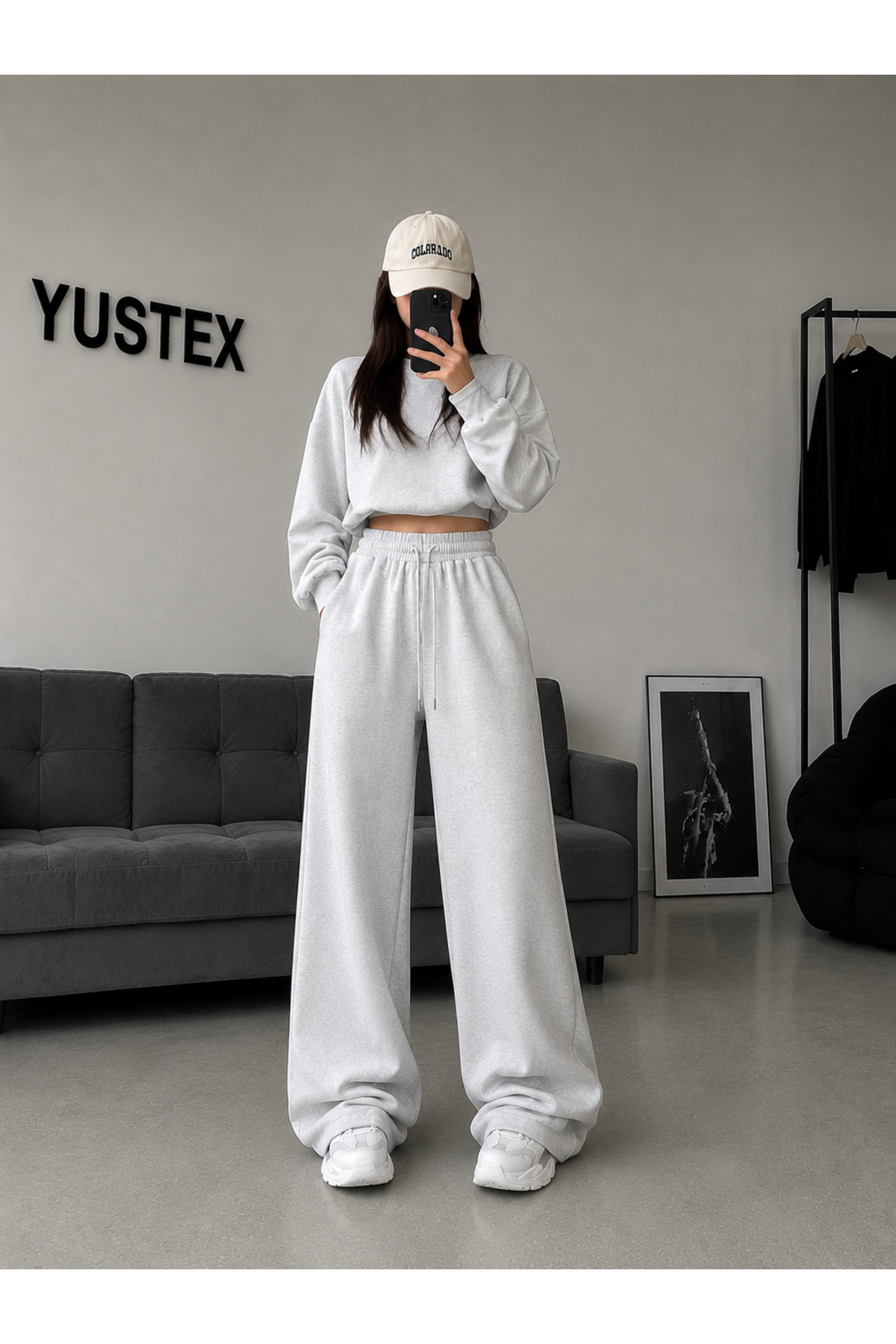 yx yustex sport 2'li Kadın Bol Paça Eşofman Altı Seti (Siyah ve Gri) Oversize Bol Paça görsel 3