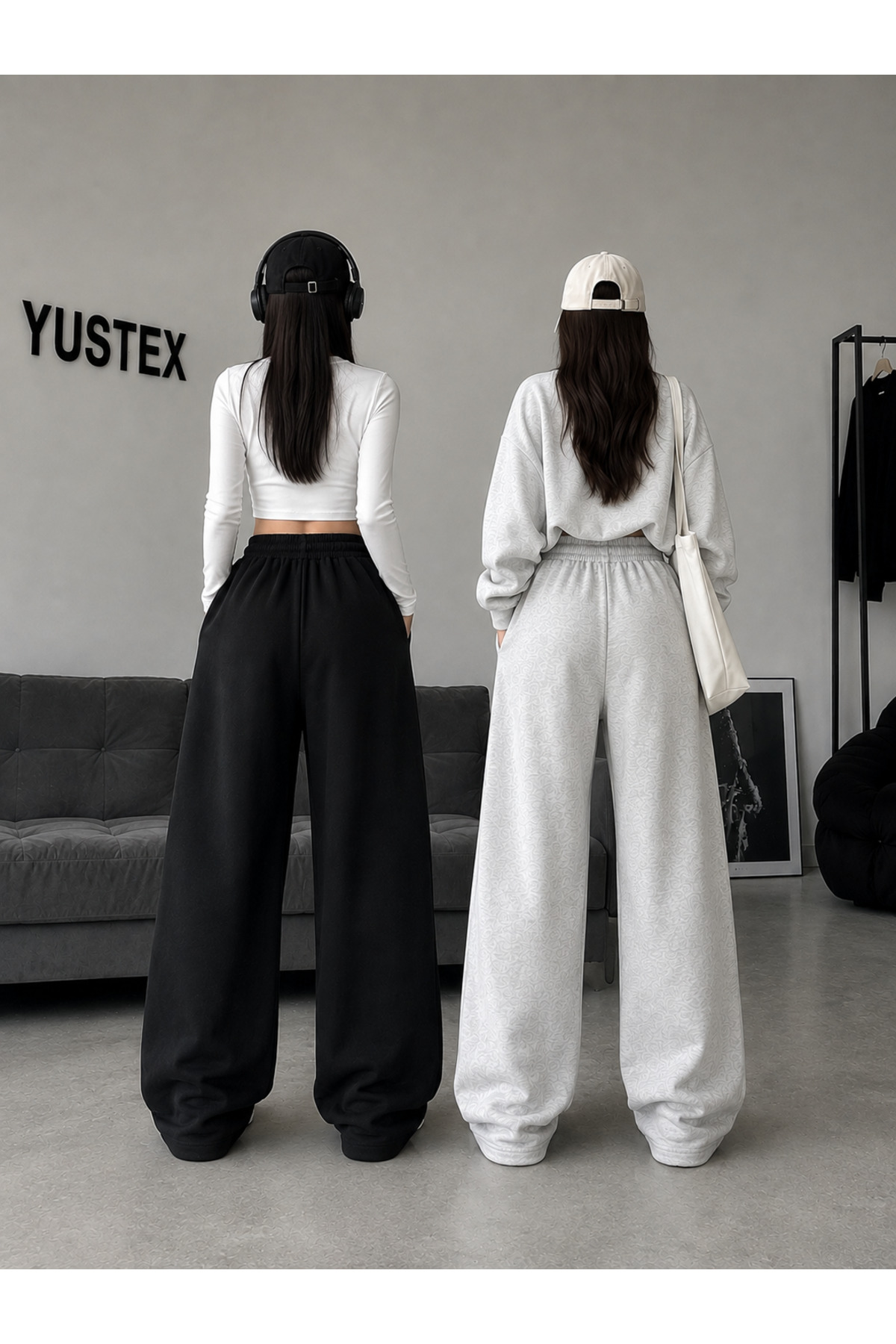 yx yustex sport 2'li Kadın Bol Paça Eşofman Altı Seti (Siyah ve Gri) Oversize Bol Paça görsel 2