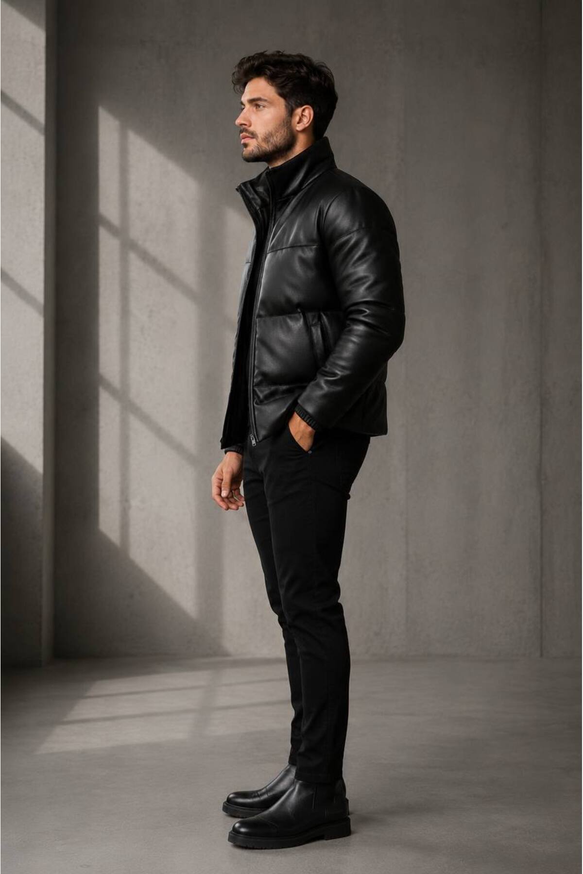 S&M CLOTHİNG Yeni Sezon Erkek Şişme Deri Mont görsel 4