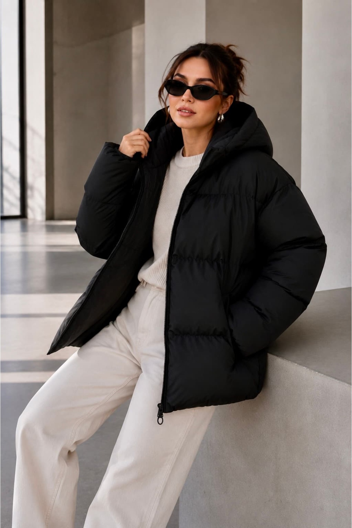 bb butik basic Oversize Kapüşonlu Şişme Mont ST3411 görsel 6