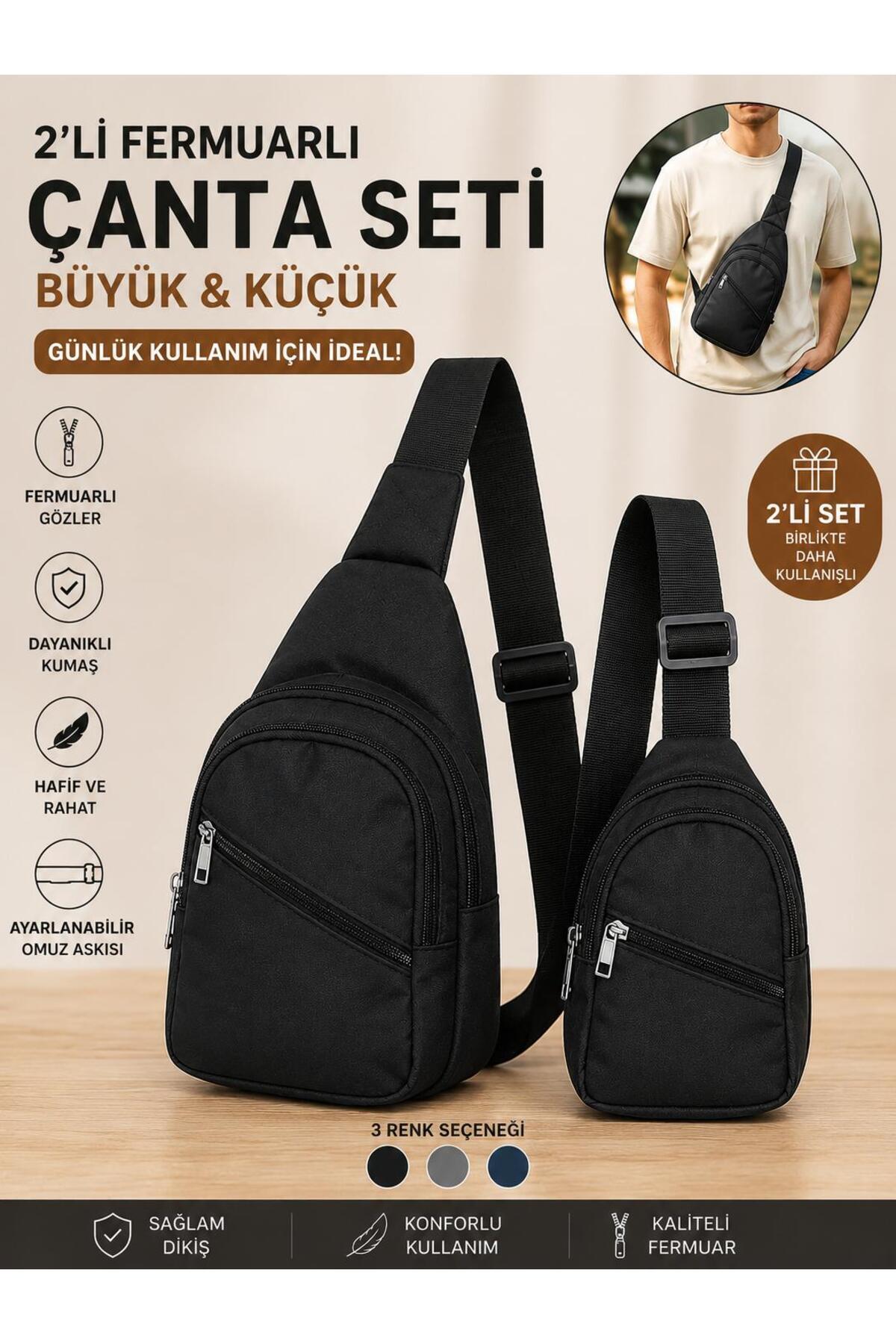 Sofia Unisex Set Halinde Siyah Çok Fermuarli Bölmeli Crossbag body Askılı Bel Çantası