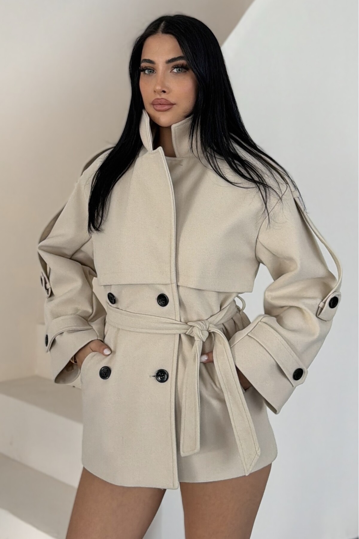 moda armanc Kadın Kuşaklı Kaşe Trençkot Ceket Dik Yaka Çift Düğmeli Oversize Kaban