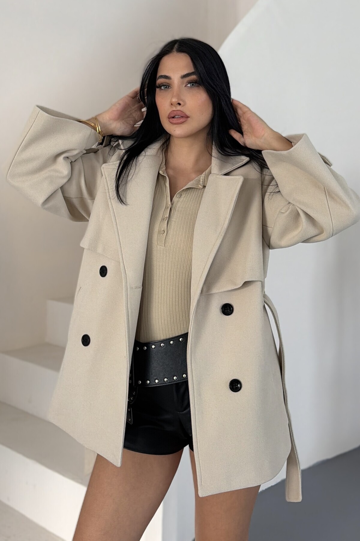moda armanc Kadın Kuşaklı Kaşe Trençkot Ceket Dik Yaka Çift Düğmeli Oversize Kaban görsel 5