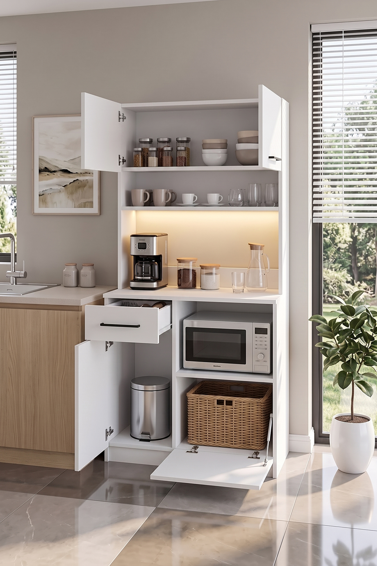 کابینت قهوه‌خوری مدرن با نور LED - ۴ درب و ۱ کشو - کابینت چندمنظوره با نور LED و فضای ذخیره‌سازی وسیع