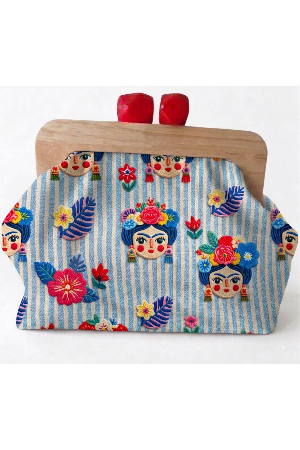 handedizayn Ahşap Burslu Mavi Frida Kalo Desenli Kadın Clutch El Çantası