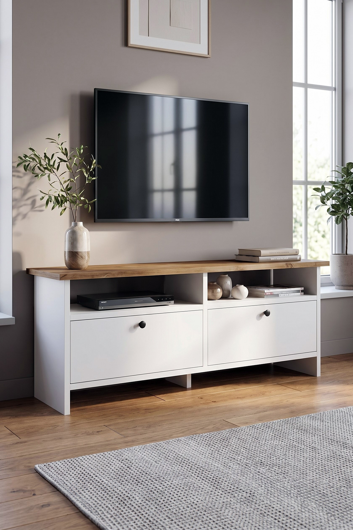 ROBEVE Tv Ünitesi 120 cm - Beyaz Atlantik Çam Modern Televizyon Ünitesi Telev...