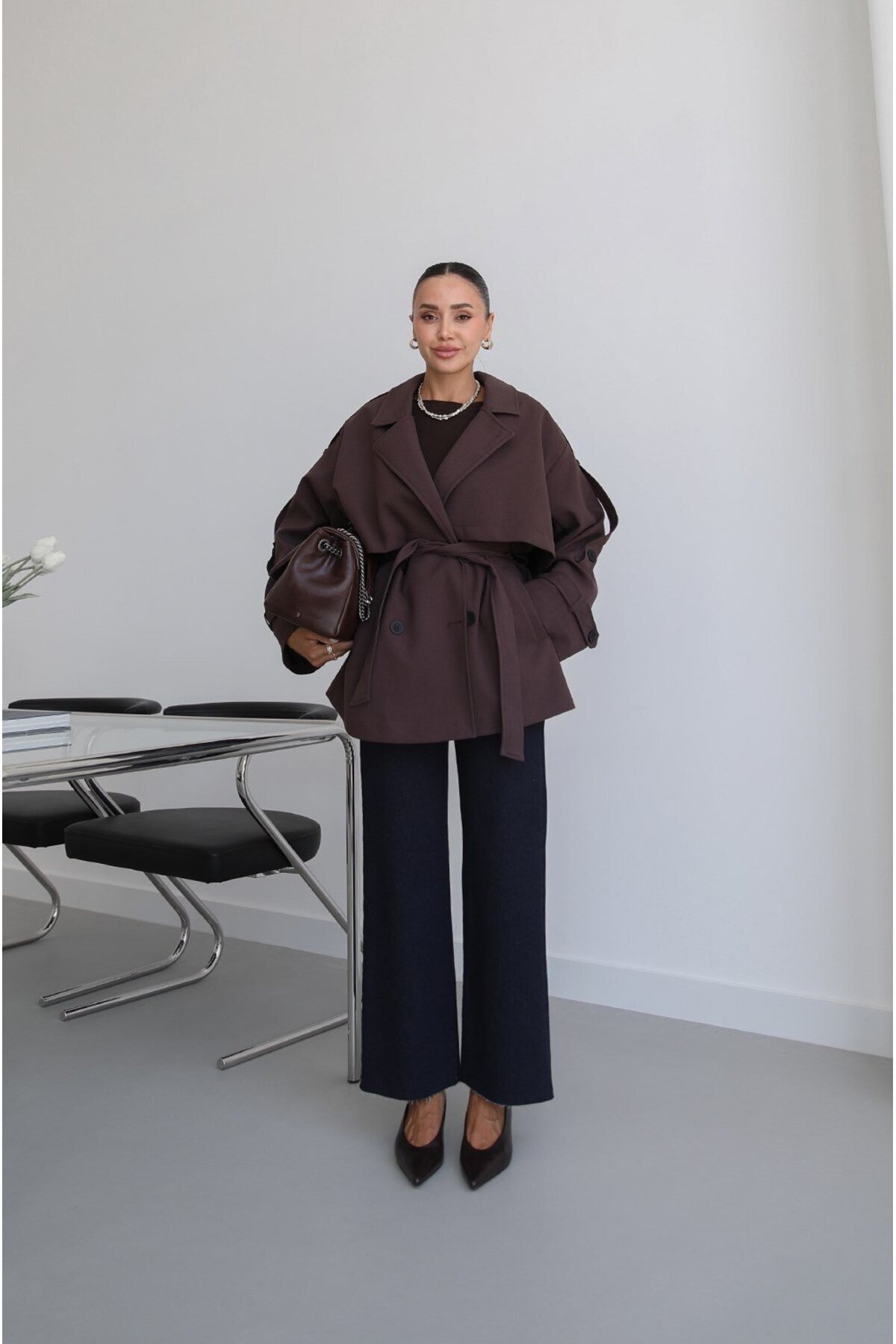 Helen Goods Yeni Sezon Midi Boy Beli Kuşaklı Oversize Kadın Trençkot görsel 6
