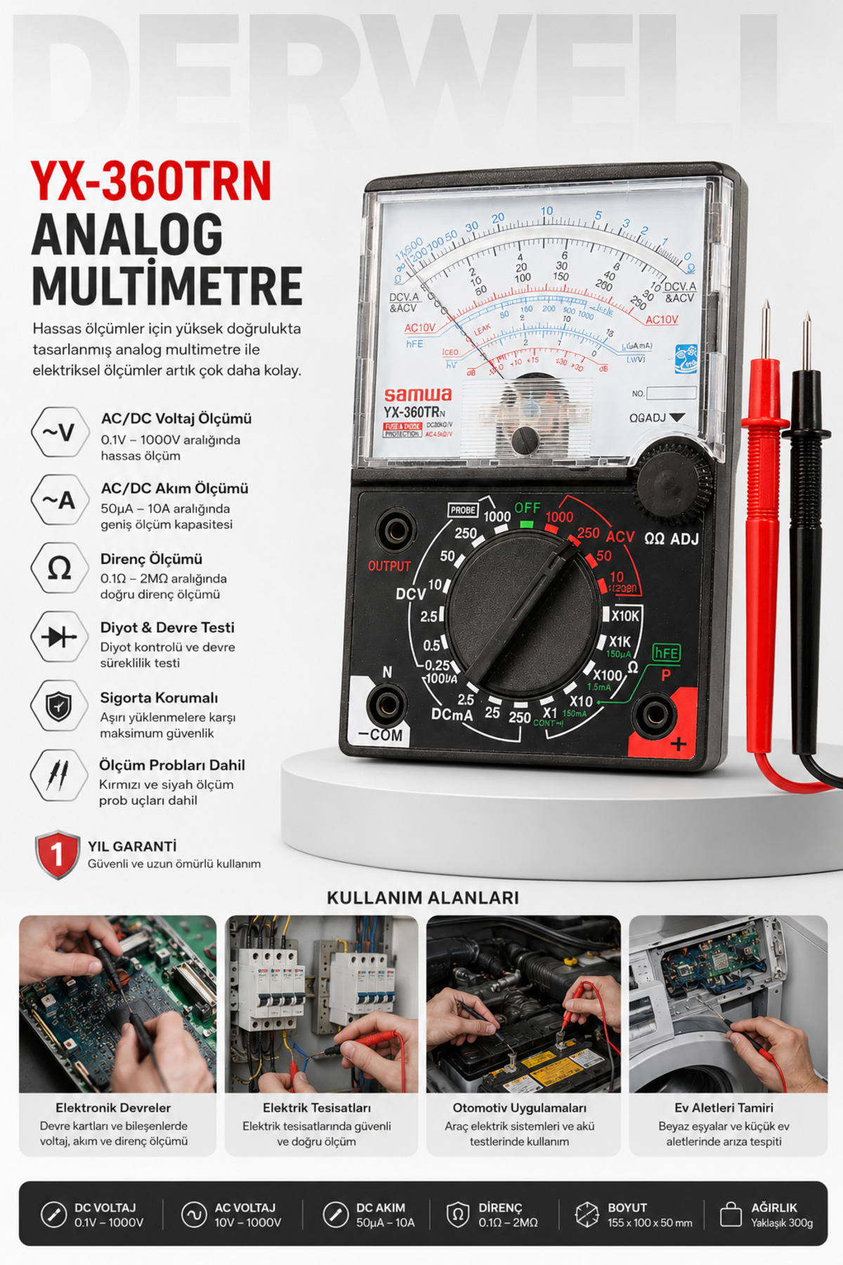 YX-360TRN Analog Multimetre Avometre; Hassas İbreli Akım Voltaj Direnç Ölçer, Devre Kontrol Test Cihazı, Sigorta Korumalı Elektrik Ölçüm Aleti, Kırmızı Siyah Ölçüm Probları Dahil Seti