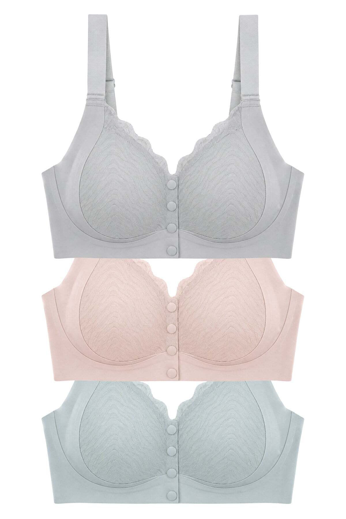 Cottonhill Seamless Bra - Larevia | Lazer Kesim Önden Düğmeli Tül Detaylı Kadın Sütyen 3'lü Paket