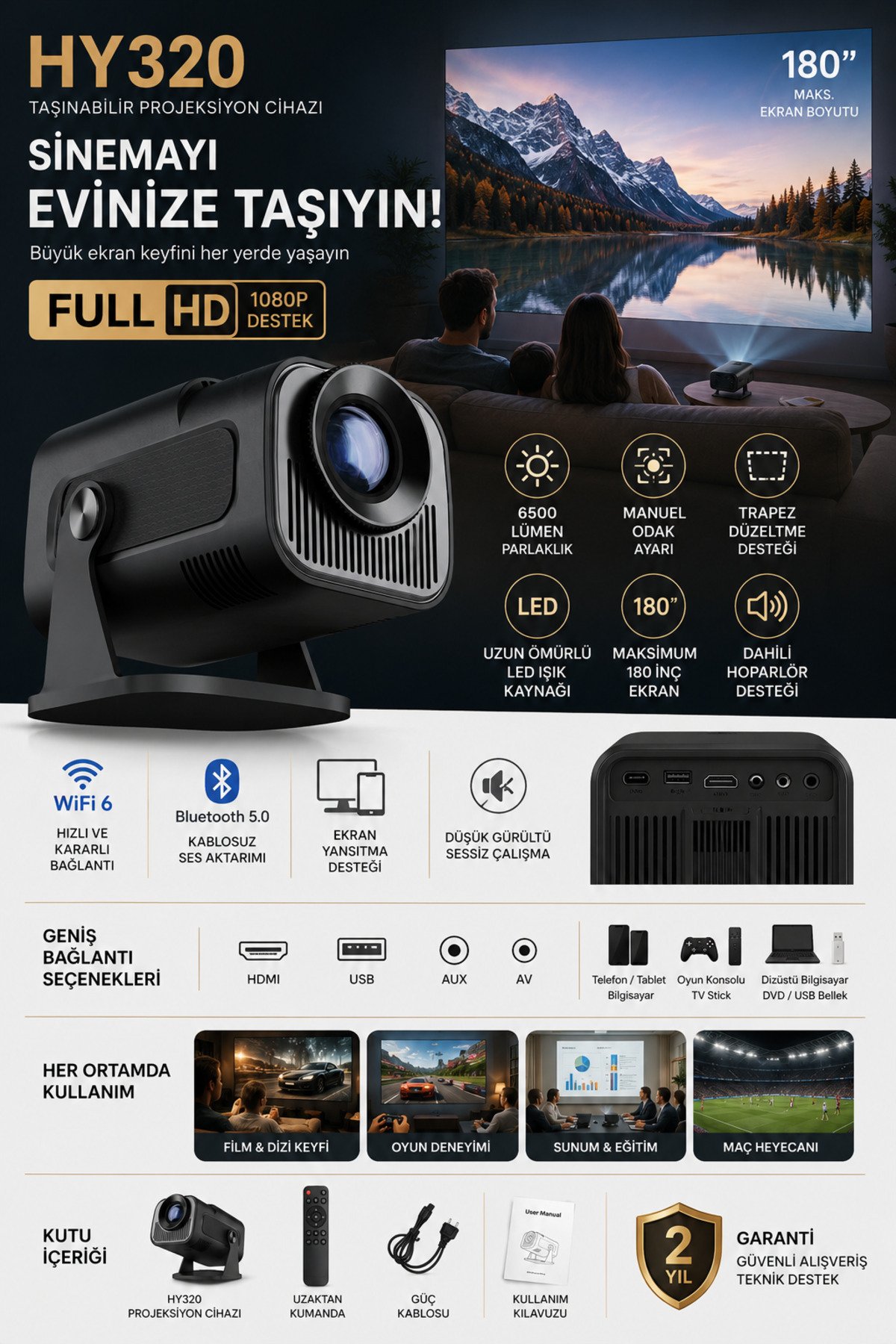Sidox HY320 4K Destekli Full HD Taşınabilir Projeksiyon Cihazı Wifi Bluetooth Aİ HDMI USB