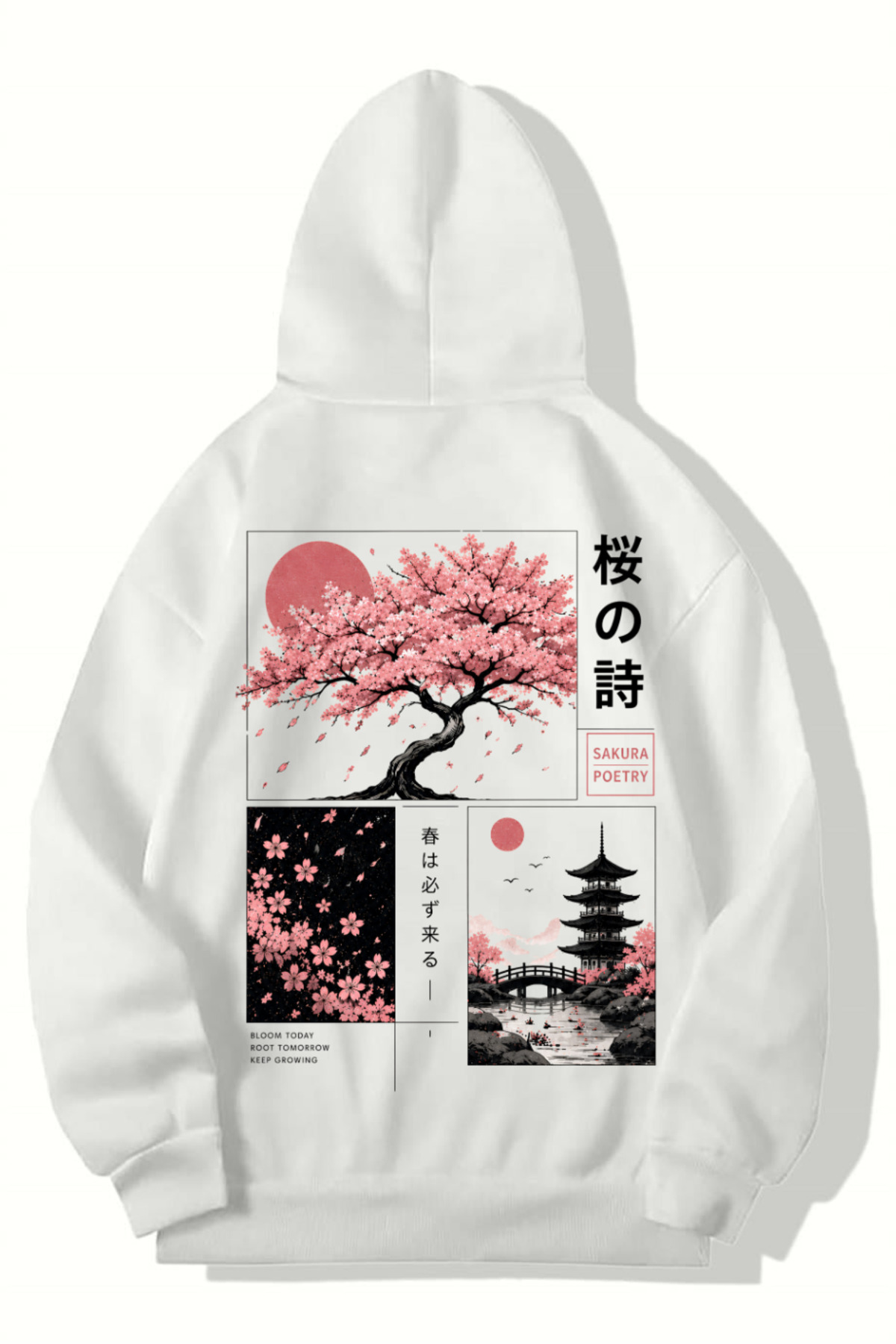 BRZ COLLECTION Unisex Oversize Poetry Sakura Hoodie (White)