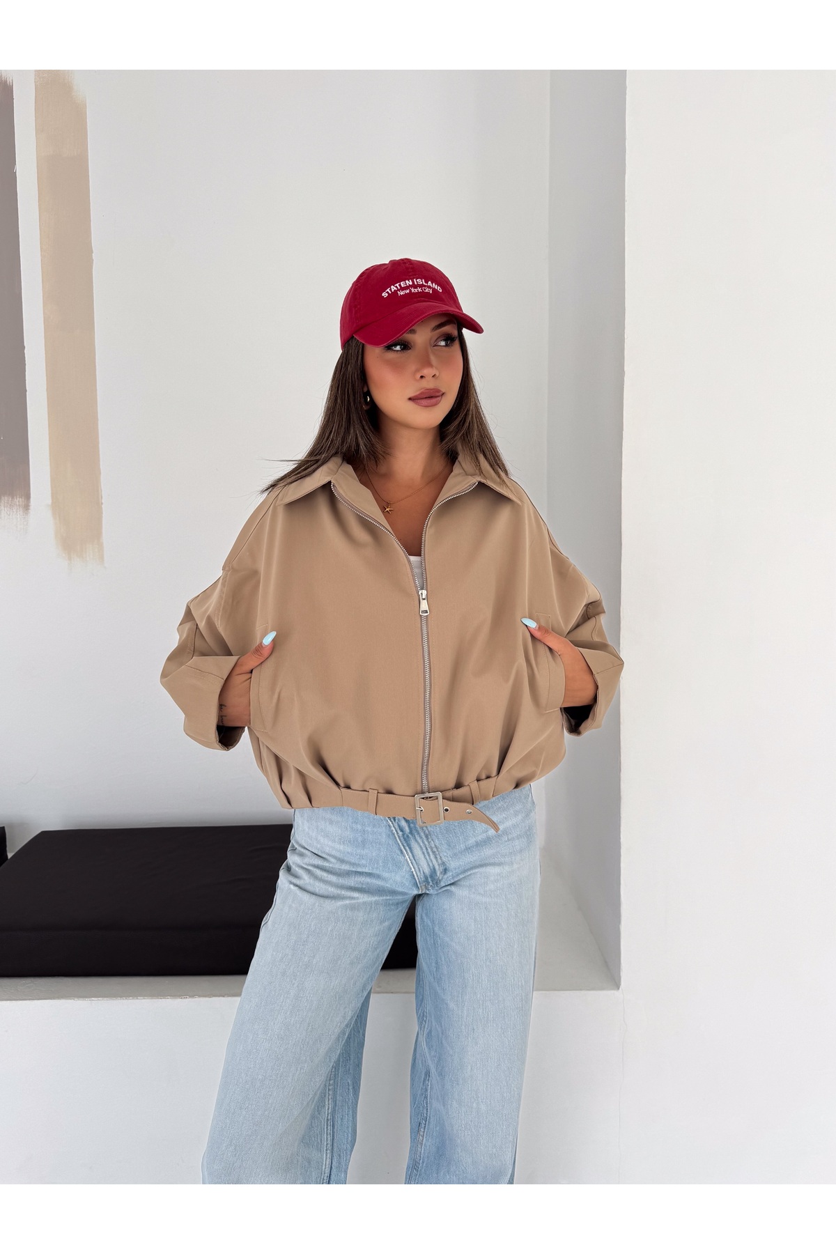 RosePearl Kadın Fermuarlı Düşük Omuz Oversize Bomber Ceket görsel 7