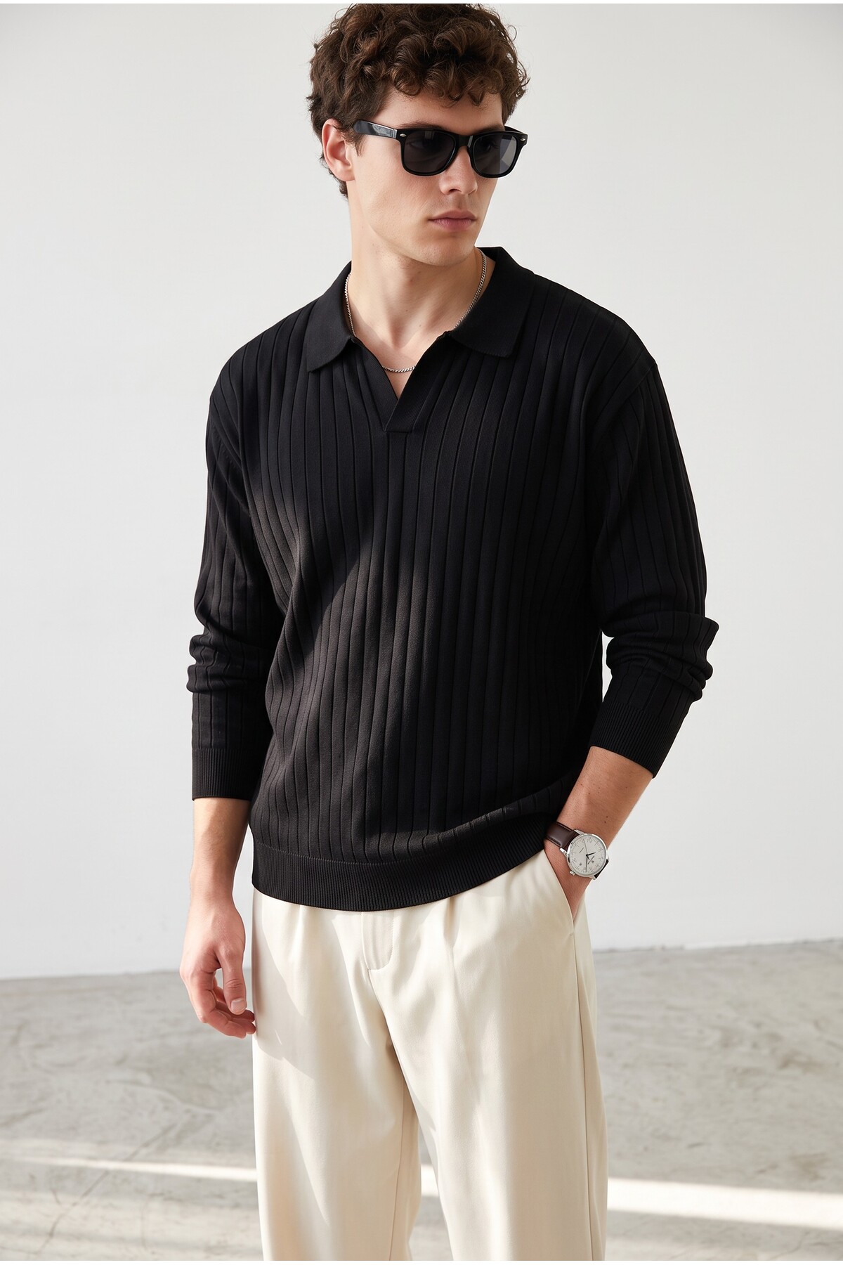 Erkek Polo Yaka Fitilli Kazak — مشکی AZSK00111
