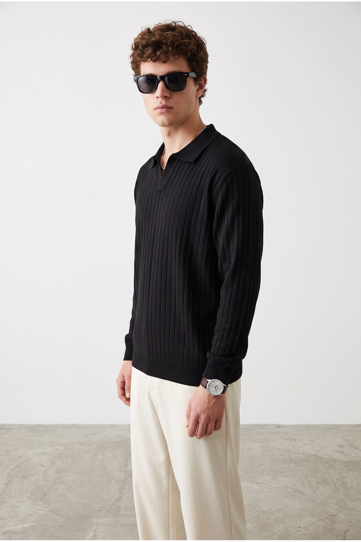 Erkek Polo Yaka Fitilli Kazak — مشکی AZSK00111 — تصویر 2 از 4