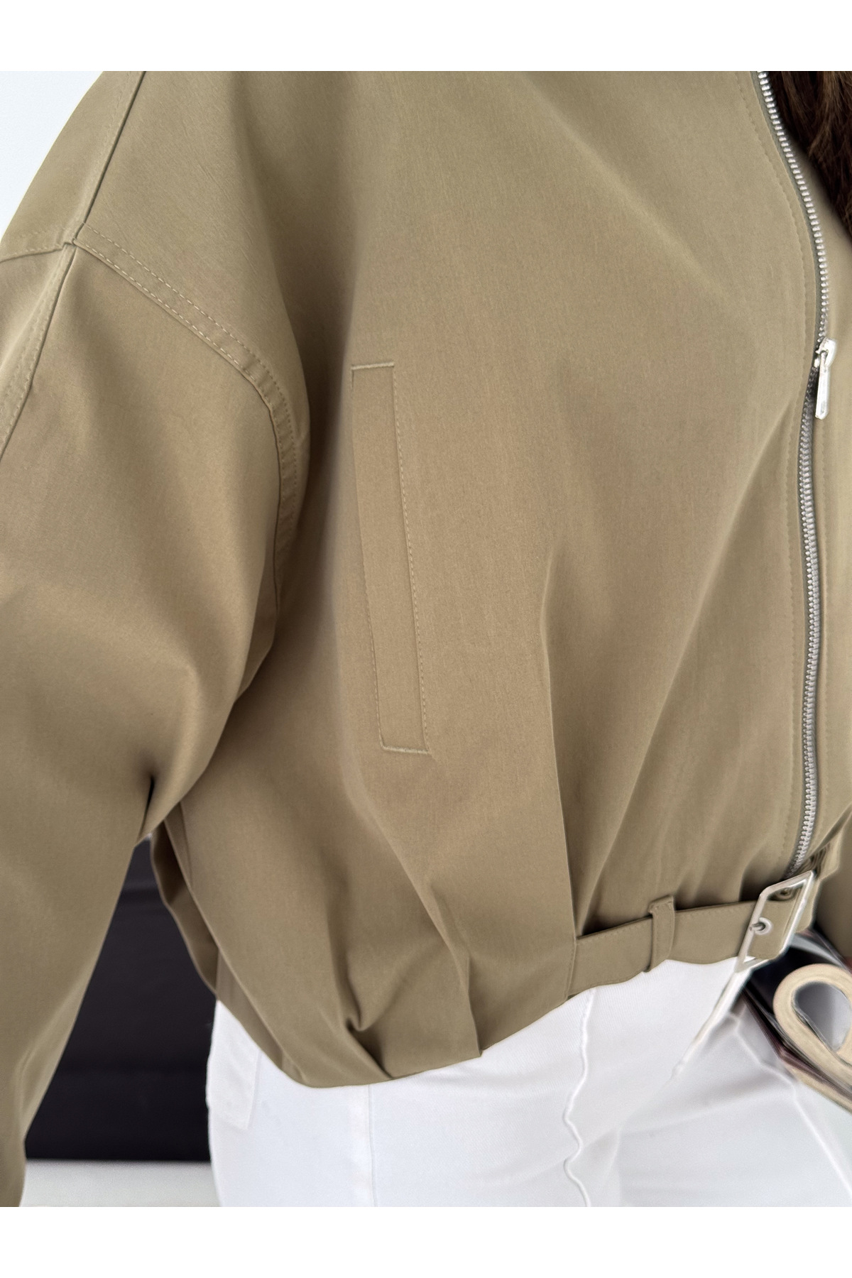 RosePearl Kadın Fermuarlı Düşük Omuz Oversize Bomber Ceket görsel 2
