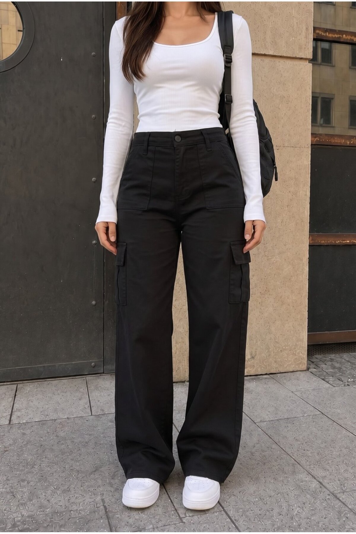Kargo Cepli Likralı Yüksek Bel Wide Leg Okul Pantolonu siyah 4