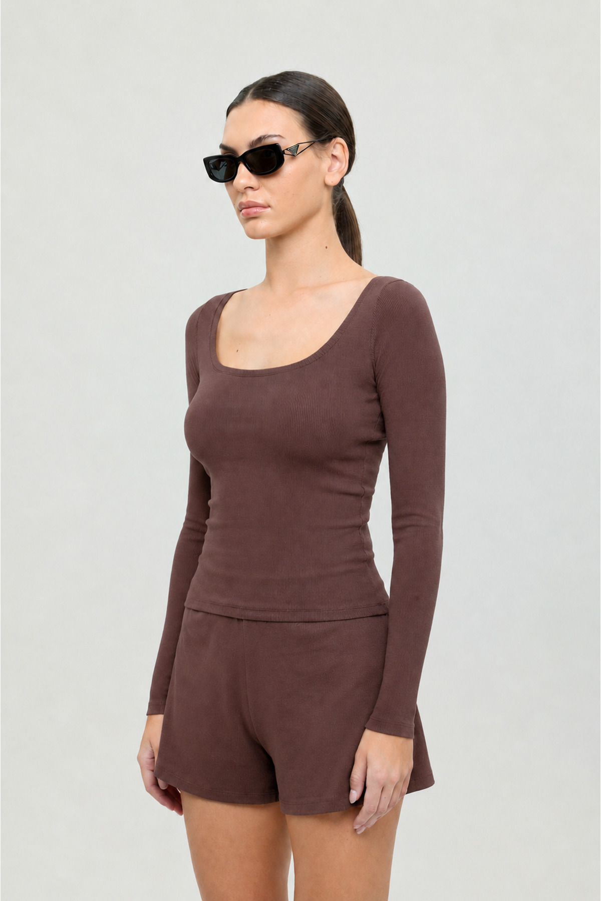 SHEISMONO Soft Rib Oval Yaka Bluz Kahverengi görsel 2