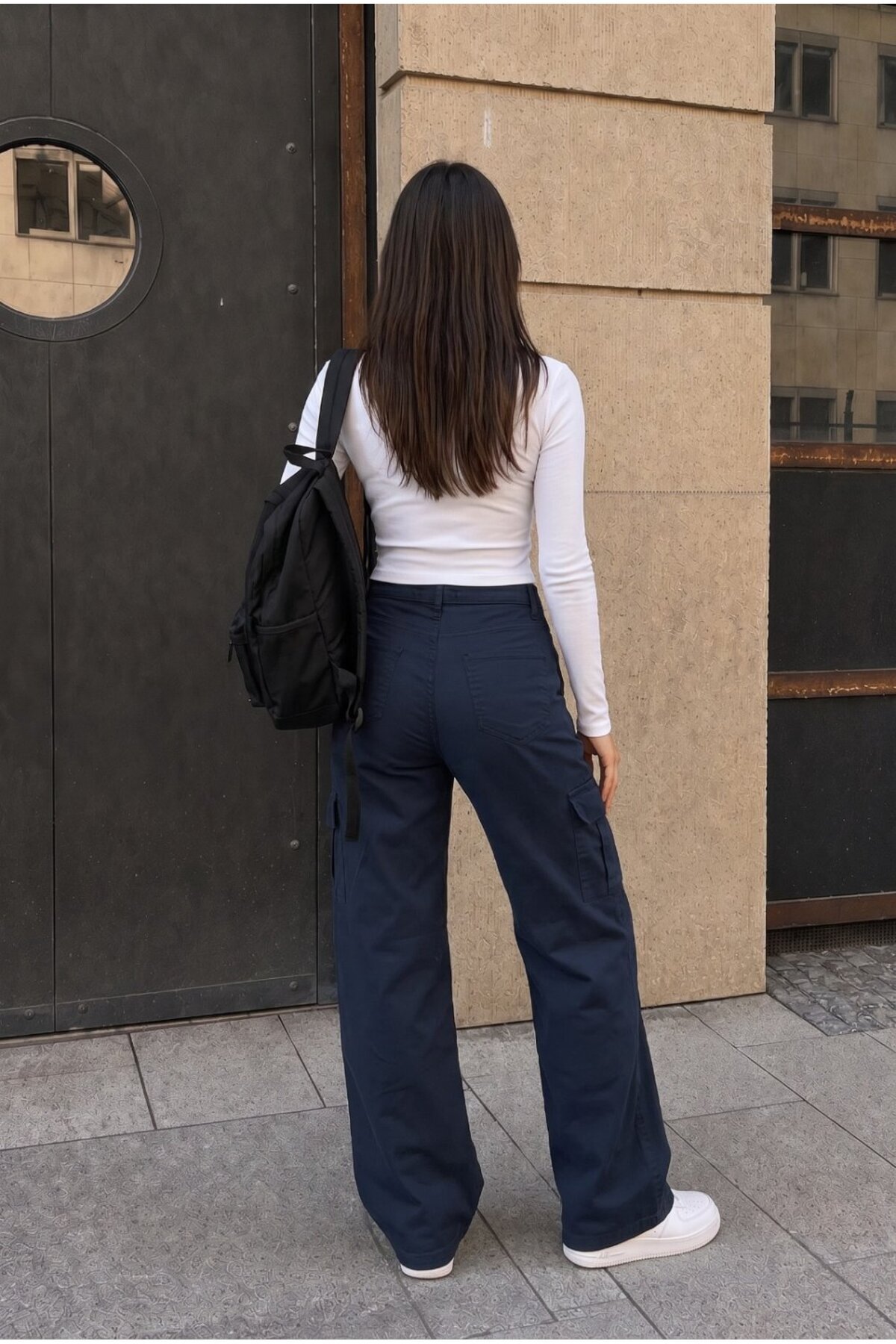 Kargo Cepli Likralı Yüksek Bel Wide Leg Okul Pantolonu Lacivert 5