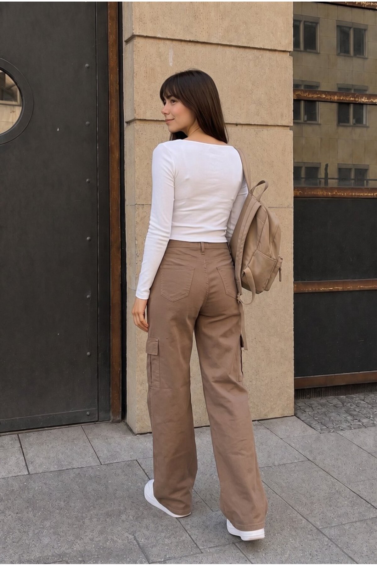 Kargo Cepli Likralı Yüksek Bel Wide Leg Okul Pantolonu Kahverengi 5