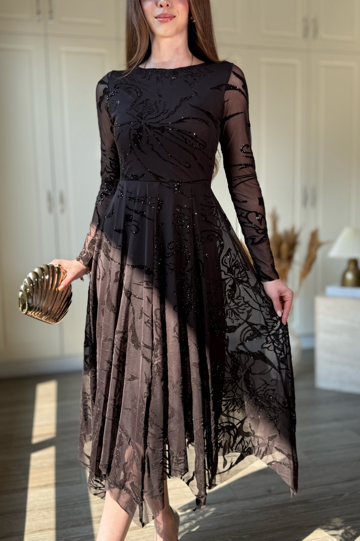 Dilay Gökoğlu Butik Simli Desenli Asimetrik Midi Kahverengi Elbise görsel 6
